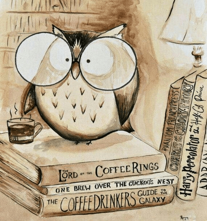 drawing of owl with cup of coffee on books