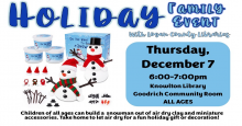 Holiday Family Event, December 7, 6:00-7:00PM, Knowlton LIbrary Goodrich Community Room