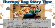 Therapy Dog Story Time at the branches,
